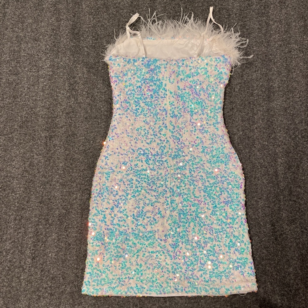 Sequin Fairycore white & blue sequin bodycon dress with feather trim. - Picture 3 of 4